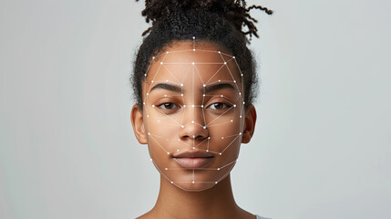 Biometric facial recognition of calm young woman , isolate on white background