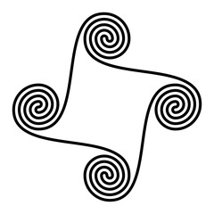 Spiral tetraskelion and quadruple spiral. Geometrical pattern and symbol of four conjoined two-armed Archimedean spirals, seamlessly connected. Decorative maze-like ornament used in ancient Greece.