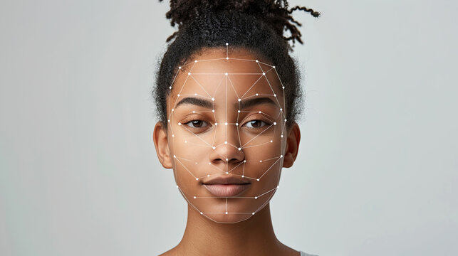 Biometric facial recognition of calm young woman , isolate on white background
