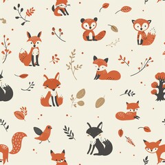 Develop a minimal style seamless pattern with simple illustrations of woodland creatures