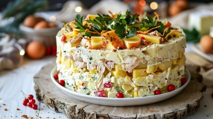 Obraz na płótnie Canvas Christmas Chicken, Apple, Cheese and Egg Salad Layered with Mayo