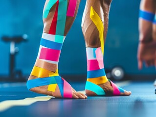 Colorful kinesiology tape on the feet and lower legs of an athlete.