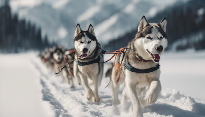 Siberian Husky dog team pulling sled

