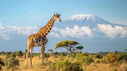 Fototapeta premium Kenya national park giraffe with mount kilimanjaro background in african scenery