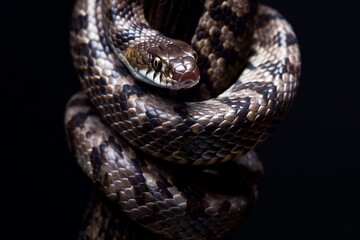 Coiled brown snake on a dark background