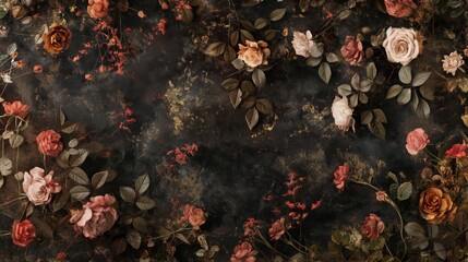 Renaissance Garden Backdrop with Lush Florals, Climbing Roses, and Peonies Against Dark Moody Background