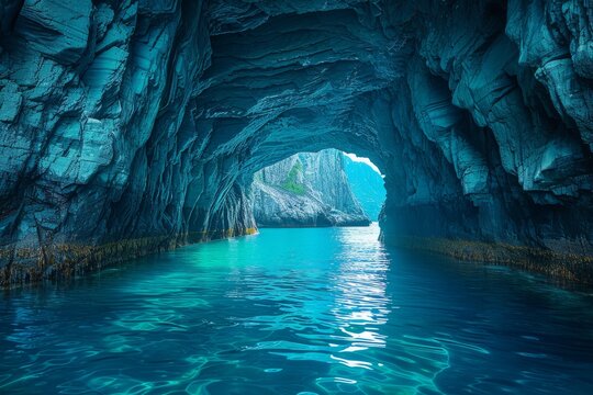 An inviting blue sea channel meanders through a dramatic rocky cavern passage