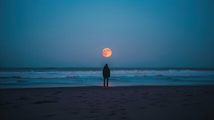 Obraz premium Lone person viewing the moon rise on the beach