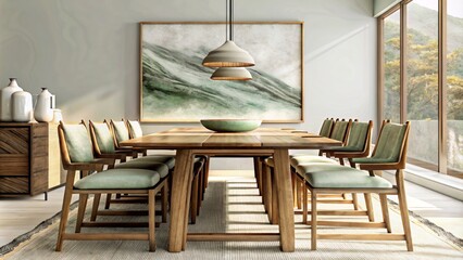 Modern dining room interior with wooden table, chairs and decorative painting on the wall in soft green color. 
