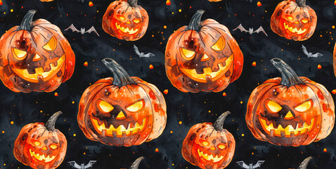 Seamless Halloween design with funny, spooky orange pumpkins, Jack-o'-lantern on black background, Background, Halloween pattern, wrapping paper, watercolor illustration and textile. - obrazy, fototapety, plakaty
