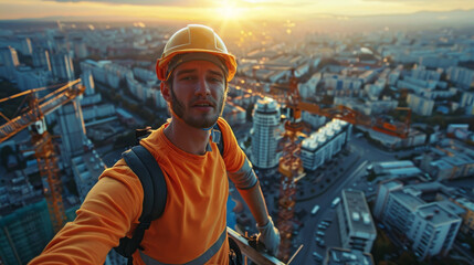 A construction worker stands on the rooftop of a skyscraper in front of the camera and wears a...