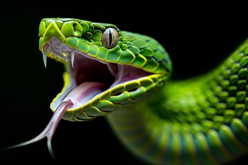Green snake with mouth open showing fangs
