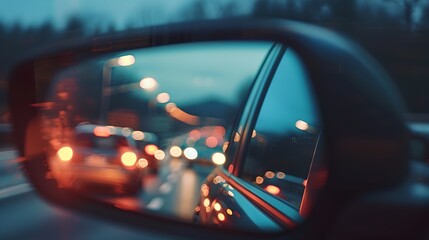 A reflective journey home: A car's side mirror capturing the evening traffic. Soft bokeh lights,...