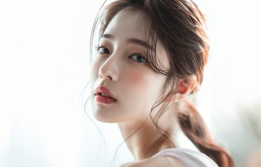 Delicate Korean Beauty in Soft Light, Ethereal Portrait with Gentle Makeup, Ideal for Beauty and Fashion Content