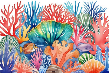 Underwater scene filled with colorful fish and corals They come in many shapes and sizes. Schools of fish swim between the corals. The water is a clear light blue. - obrazy, fototapety, plakaty