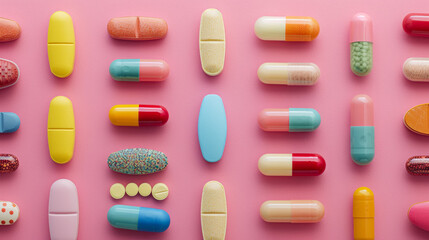 A row of colorful pills are arranged on a pink background - obrazy, fototapety, plakaty