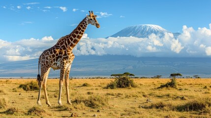 Giraffe in kenya national park with mount kilimanjaro in the scenic african background