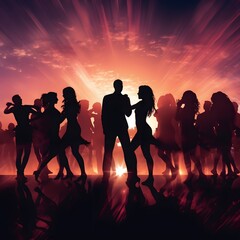 Fototapeta premium Silhouette of people dancing on a dance floor. Generative AI.