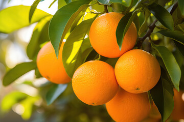 Bunch of fresh ripe oranges hanging on a tree in orange garden - obrazy, fototapety, plakaty