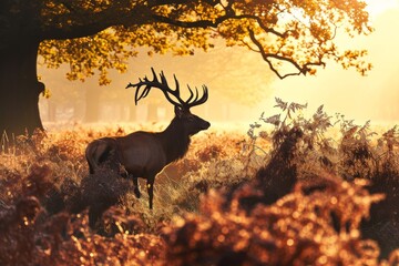 Red Deer in morning Sun,  red deer stag in the forest , Ai generated