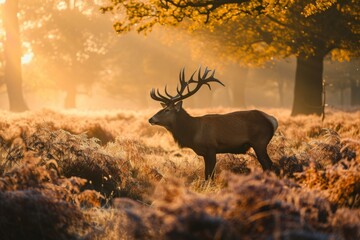 Red Deer in morning Sun,  red deer stag in the forest , Ai generated