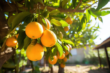 Bunch of fresh ripe oranges hanging on a tree in orange garden - obrazy, fototapety, plakaty
