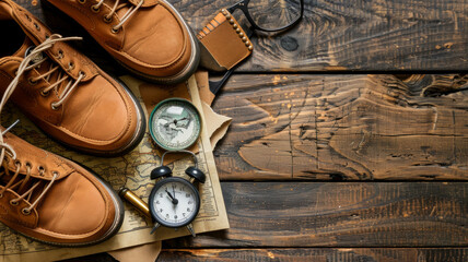 A pair of brown shoes with a compass and an analog clock on a wooden table - obrazy, fototapety, plakaty