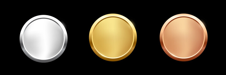 Award golden, silver and bronze blank medals 3d vector realistic illustration. First, second and third place medals or buttons isolated on black background. Quality blank, empty badge, emblem set
