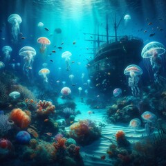 Generative Ai A vast underwater abyss, home to a diverse array of marine life, including luminous jellyfish, schools of colorful fish, and ancient shipwrecks resting on the ocean floor. - obrazy, fototapety, plakaty