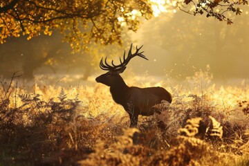 Obraz premium Red Deer in morning Sun, red deer stag in the forest , Ai generated