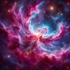 Generative Ai A cosmic nebula swirling with vibrant hues of pink, purple, and blue, illuminated by the light of newborn stars and distant galaxies in a distant corner of the universe. - obrazy, fototapety, plakaty