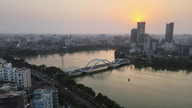 Dhaka City Skyline & Golden Hour. Aerial Drone Footage of Bangladesh Capita