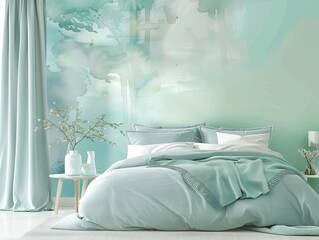 The bedroom is painted in a light blue color, with a white ceiling