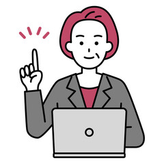 アイデアをひらめくノートパソコンで仕事をしている年配のスーツの女性
