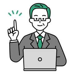 アイデアをひらめくノートパソコンで仕事をしている年配のスーツの男性