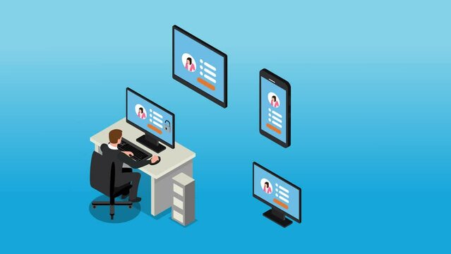 Male administrator with woman on various gadgets 3d animation cartoon