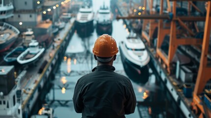 A man in a hard hat looking out at a shipyard full of boats under construction. Water transport industry, logistics ,Cruise ship production,Transportation ship production

