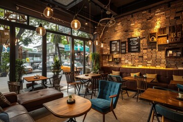 coffee shop interior with warm lighting and comfortable seating,