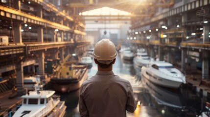 A man in a hard hat looking out at a shipyard full of boats under construction. Water transport industry, logistics ,Cruise ship production,Transportation ship production
