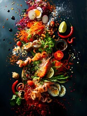 Vibrant Explosion of Delectable Asian Cuisine A Colorful Assortment of Tempting Food Items and Cultural Ingredients