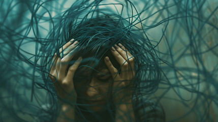 Tangled emotions, scattered, fragmented, chaos, mental puzzle, discombobulated, perplexed, bewildering situation - obrazy, fototapety, plakaty