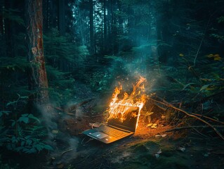 The image shows a laptop on fire in the middle of a forest