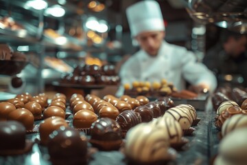 A skilled baker is busy working behind a counter overflowing with delectable chocolates, showcasing their artistry and passion for creating sweet treats.