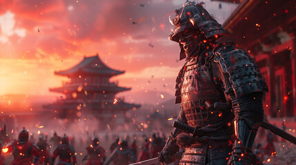 Samurai Warrior at Temple Gate - obrazy, fototapety, plakaty