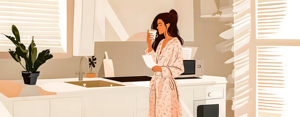 Illustration of an attractive young woman in a dressing gown drinking coffee at home and holding some documents. - obrazy, fototapety, plakaty