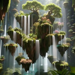 Generative Ai An enchanted garden suspended in mid-air, with cascading waterfalls, floating islands, and exotic flora creating a surreal paradise that defies the laws of nature. - obrazy, fototapety, plakaty