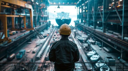 A worker wearing a hard hat is standing on a platform in a large shipyard, looking at a docked cargo ship. Water transport industry, logistics ,Cruise ship production,Transportation ship production
