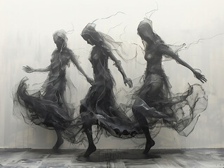 Three women, in the style of abstract ink art, motion blur, expressive life drawings, dark grey, dance,
 - obrazy, fototapety, plakaty