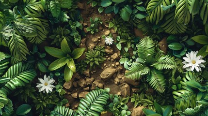 A top-down view of a beautiful, verdant jungle ground with a few ferns, two white flowers, a few small rocks, and a few vines. Generative AI.