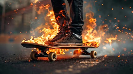 A skateboarder is skating on a skateboard with fire coming out of the wheels.